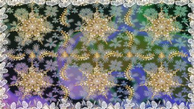Çiçek kiremitleri. Raster altın tekstil baskısı. İslam tasarımı. Gri renkli ve altın elementli altın desenli. Doğulu süsü.