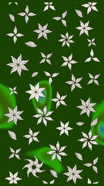 Raster illüstrasyonu. Eski usul. Renkli desenli eskiz deseni, yeşil çiçekler ve dekoratif elementlerle. Kumaş, tekstil, duvar kağıdı baskısı için. Taslak arkaplan.