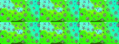 Üst manzara, yumuşak stil. Yeşil renkte manzaralı çiçek deseni. Sevgililer günü ve tebrik kartı konsepti için şık bir davetiye. Çiçek kompozisyonu, el boyası, hassas şablon..