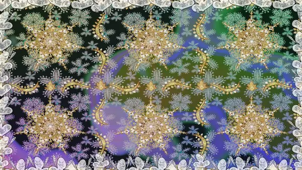 Çiçek kiremitleri. Raster altın tekstil baskısı. İslam tasarımı. Gri renkli ve altın elementli altın desenli. Doğulu süsü.