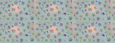 Kumaş, duvar kağıdı ve kağıt üzerine baskı yapmak için gelişen arka plan. Raster illüstrasyonu. Moda arka planında parlak buketler. Eski usul küçük çiçekli şirin bir eskiz deseni..