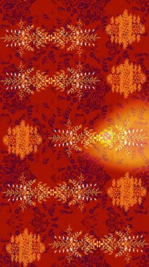 Düz Çiçek Elementleri Tasarımı. Kırmızı, turuncu ve sarı renkte çiçekler. Renkli Bahar Teması eskiz kalıbı. Asya tekstil tarzında. Raster illüstrasyonu. Çiçek desenini çiz.