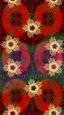 Sihirli kahverengi, kırmızı ve yeşil tatil soyut arka plan yıldız ve düşen kar taneleri. Raster illüstrasyonu. Noel kahverengisi, kırmızı ve yeşiller.