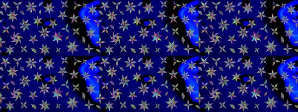 Vadinin mavi renkli çiçekleri. Soyut etnik raster çizim kalıbı. Çiçekler..