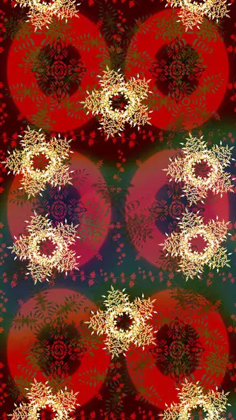 Sihirli kahverengi, kırmızı ve yeşil tatil soyut arka plan yıldız ve düşen kar taneleri. Raster illüstrasyonu. Noel kahverengisi, kırmızı ve yeşiller.