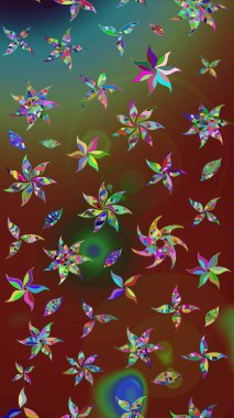 Kahverengi renklerde bahar çiçekleri. Raster illüstrasyonu. Çiçek ve yapraklı karalama şeklinde Raster çiçek deseni.