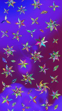 Raster illüstrasyonu. Çizim kalıbı. Hint süsü. Çiçek duvar kağıdı. Mor renklerde. Renkli süs kenarı.