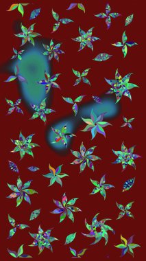 Çok renkli küçük çiçekler ve kırmızı renkli komik böcekler, raster desen, illüstrasyon.