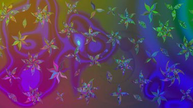 Eskiz arkaplan modeli. Yapraklı çiçekler ve mor renkli papatya çiçekleri. Raster - stok.