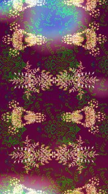 Mor, yeşil ve nötr renklerde şirin çiçek desenleri. Renkli Bahar Teması eskiz kalıbı. Düz Çiçek Elementleri Tasarımı. Raster Modaya uygun kumaş deseni.