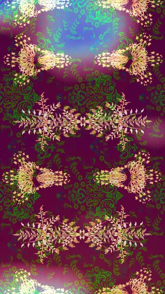 Mor, yeşil ve nötr renklerde şirin çiçek desenleri. Renkli Bahar Teması eskiz kalıbı. Düz Çiçek Elementleri Tasarımı. Raster Modaya uygun kumaş deseni.