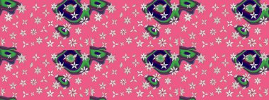 Modern çiçek arkaplanı. Halk tarzı. Parlak renkli çiçekleri ve pembe renkli yaprakları olan harika bir çiçek deseni. Moda baskıları için zarif bir şablon.