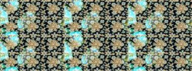 Raster altın tekstil baskısı. Altın elementlerle siyah renklerde altın desen. İslam tasarımı. Çiçek kiremitleri. Kusursuz desenli oryantal süs.