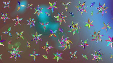 Raster illüstrasyonu. Patlayan çiçekler soyut olarak yerleştirilmiş. Kahverengi renklerde bahar çiçekleri. Raster deseni.