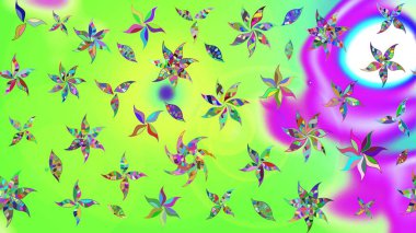 Düz Çiçek Elementleri Tasarım Raster illüstrasyonu. Renkli Bahar Teması eskiz kalıbı. Çiçek desenli eskiz. Yeşil renkte çiçekler.