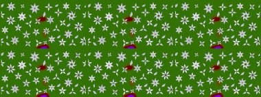 Yeşil renkli bitkilerden oluşan parlak çiçekli çizim deseni.