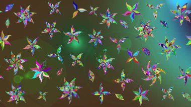 Raster illüstrasyonundaki çiçek desenli çizim. Düz Çiçek Elementleri Tasarımı. Renkli Bahar Teması eskiz kalıbı. Yeşil renkte çiçekler.