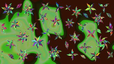 Kahverengi renkte çok kahverengi, zarif küçük çiçekler ve komik böcekler, raster desen, illüstrasyon.