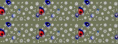 Suluboya elle çizilmiş çiçek desenli eskiz deseni. Parlak renkli fantezi çiçekleri, yapraklar, yeşil renkli tomurcuklar.