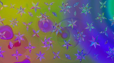 Raster - stok. Yapraklı çiçekler ve mor renkli papatya çiçekleri. Taslak arkaplan deseni.