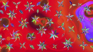 Tekstil tasarımı için kırmızı renkli geleneksel halk çiçekleri buketi. Üzerinde gelincikler ve vadi zambakları olan renkli çiçek desenli nakış..