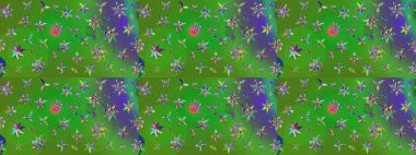 Şirin çiçekli, desenli, yeşil renkli bir eskiz deseni. Tekstil için suluboya eskiz deseni. El çizimi çiçek çizimi deseni (fayans)).