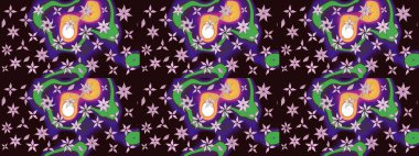 Raster Modaya uygun kumaş deseni. Renkli Bahar Teması eskiz kalıbı. Kahverengi renkli şirin çiçek deseni. Düz Çiçek Elementleri Tasarımı.