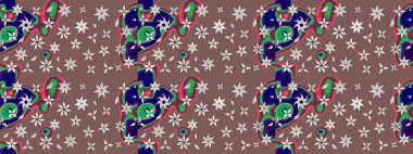 Moda baskıları için zarif bir şablon. Modern çiçek arkaplanı. Parlak renkli çiçekleri ve kahverengi renkli yaprakları olan harika bir çiçek deseni. Halk stili.