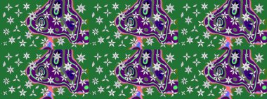 Renkli desenli eskiz deseni, yeşil çiçekler ve dekoratif elementlerle. Raster illüstrasyonu. Kumaş, tekstil, duvar kağıdı baskısı için. Eskiz geçmişi. Antika retro tarzı.