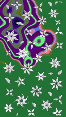 Çiçeksel fantezi tasarımı ve parlak bir arka plan çizimi. Renkli Bahar Teması eskiz kalıbı. Düz Çiçek Elementleri Tasarımı.