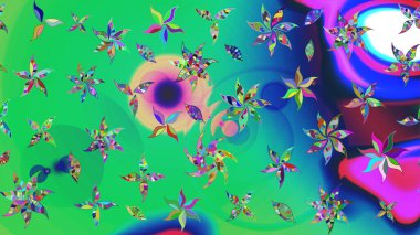 Renkli Bahar Teması eskiz kalıbı. Çiçeksel fantezi tasarımı ve parlak bir arka plan çizimi. Düz Çiçek Elementleri Tasarımı.