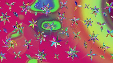 Mor renkte çok renkli, zarif küçük çiçekler ve komik böcekler, raster deseni, illüstrasyon.