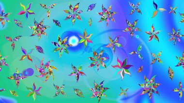 Dallı bahar çiçekleriyle desen, mavi renklerle çiçek siluetiyle desen. Raster deseni.