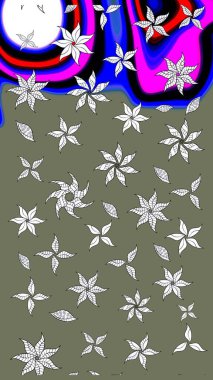 Yeşil renkli bitkilerden oluşan parlak çiçekli çizim deseni.