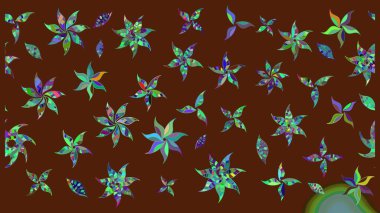 Suluboya elle çizilmiş çiçek desenli eskiz deseni. Parlak renkli fantezi çiçekleri, yapraklar, kahverengi renkli tomurcuklar, kahverengi.