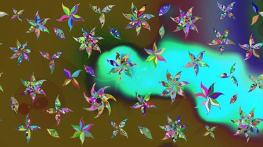 Raster illüstrasyonu. Çiçek ve yapraklı karalama şeklinde Raster çiçek deseni. Yumuşak, yeşil renkte bahar çiçekleri.