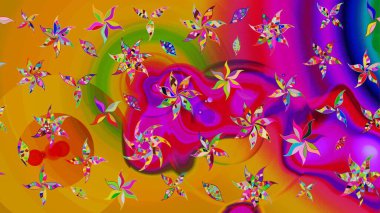 Çocuksu tasarım. Sarı arka planda. Tekstil, kumaş, ambalaj, hatıra defteri için hoş bir çiçek arkaplanı. Elle çizilmiş karalama çiçekleri ile Raster çizim deseni.