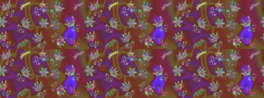 Kahverengi, mor ve yeşil renkte güzel çiçekleri olan kusursuz desenler, suluboya çiçek desenleri, duvar kağıdı, kart ya da kumaş için fayanslar. Raster..