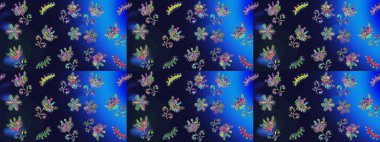 Raster deseni. Bahar çiçekleri dallı desen, gri, mavi ve yeşil renkler çiçekli siluet.