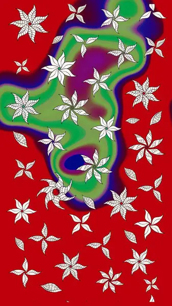 Raster illüstrasyonu. Kırmızı kıvırcık çiçekler kırmızı renklerde şekillenir. Klasik çiçek tasarım elementleri.