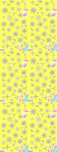 Renkli Yaz Temalı eskiz kalıbı. Sevimli çiçek raster deseni. Sarı renkli çiçekler. Düz Çiçek Elementleri Tasarımı.