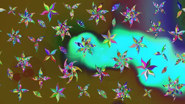 Raster illüstrasyonu. Çiçek ve yapraklı karalama şeklinde Raster çiçek deseni. Yumuşak, yeşil renkte bahar çiçekleri.