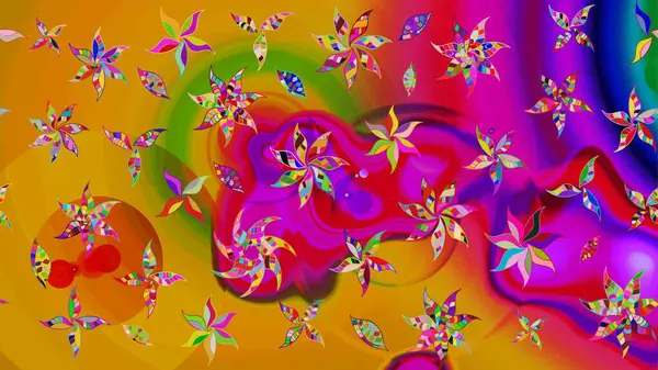 Çocuksu tasarım. Sarı arka planda. Tekstil, kumaş, ambalaj, hatıra defteri için hoş bir çiçek arkaplanı. Elle çizilmiş karalama çiçekleri ile Raster çizim deseni.