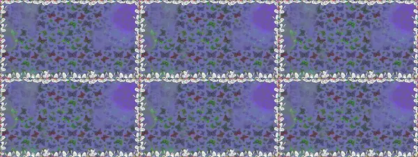 Mor ve mavi renkli bir resim. Kağıt, kumaş ve ambalaj için uygun. Raster çiçekli, kelebekli kusursuz desen..