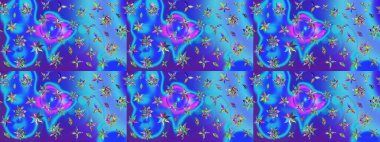 Çiçek arkaplan. Renkli çizim kalıbı. Raster illüstrasyonu. Mavi renkli şirin tekstil tarzında. Çiçek duvar kağıdı.