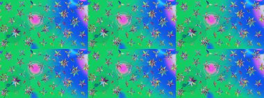 Çok yeşil zarif küçük çiçekler ve yeşil renkli komik böcekler, raster desen, illüstrasyon.