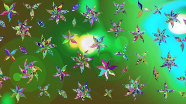 Eski usul. Eskiz geçmişi. Raster illüstrasyonu. Renkli desenli eskiz deseni, yeşil çiçekler ve dekoratif elementlerle. Kumaş, tekstil ve duvar kağıdı baskısı için..