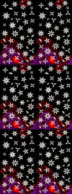 Raster illüstrasyonu. Eski usul. Eskiz geçmişi. Kumaş, tekstil, duvar kağıdı baskısı için. Renkli desenli eskiz deseni, siyah çiçekler ve dekoratif elementlerle.