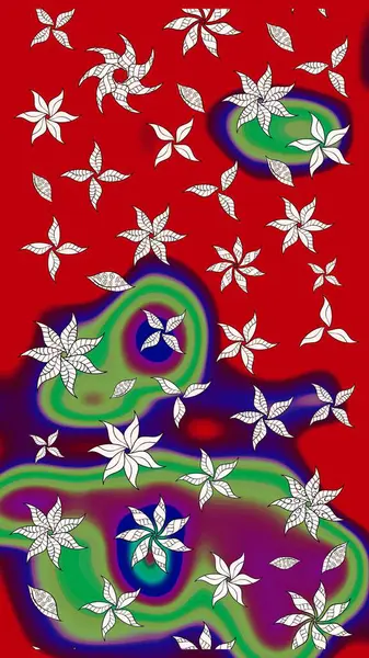 Kibarca, kırmızı renkte bahar çiçekleri. Raster illüstrasyonu. Çiçek ve yapraklı karalama şeklinde Raster çiçek deseni.