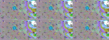 Eskiz geçmişi. Renkli desenli eskiz deseni, gri çiçekler ve dekoratif elementlerle. Eski usul. Raster illüstrasyonu. Kumaş, tekstil ve duvar kağıdı baskısı için..